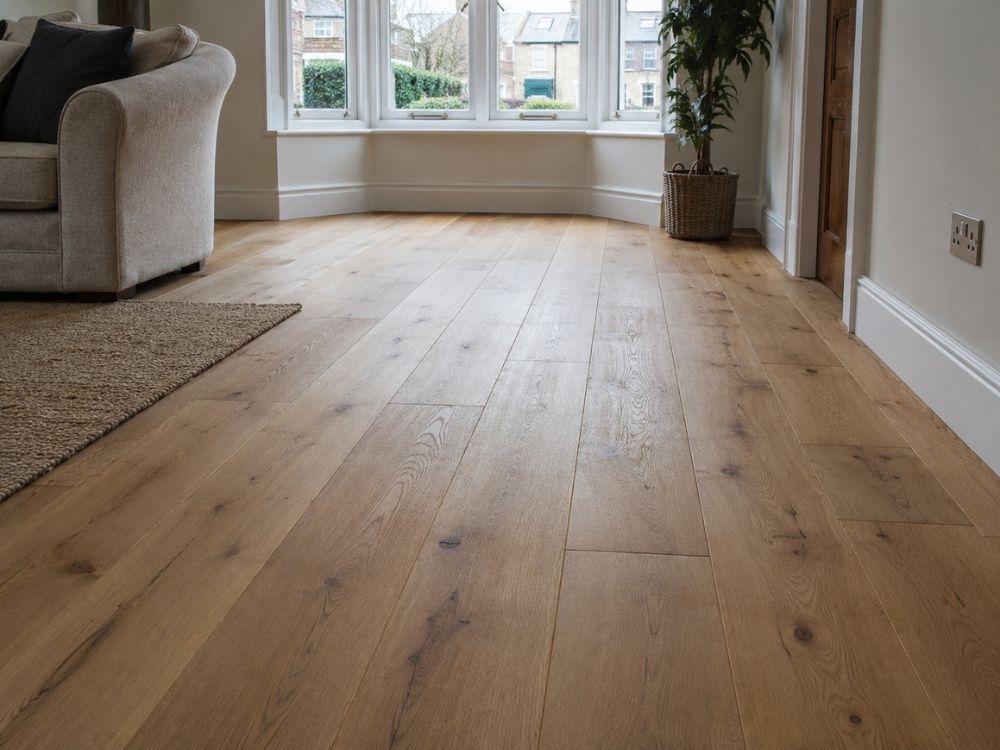 Wide plank engineered oak flooring laid towards a bay window in a living room