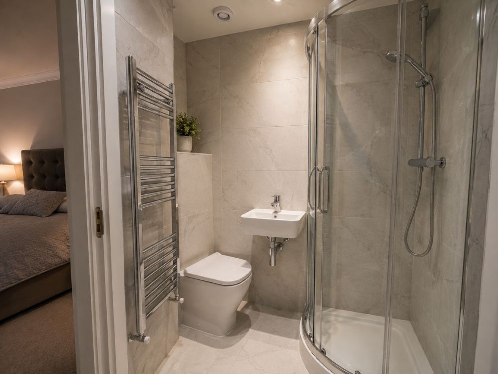Compact en-suite shower room with quadrant enclosure built into a bedroom corner