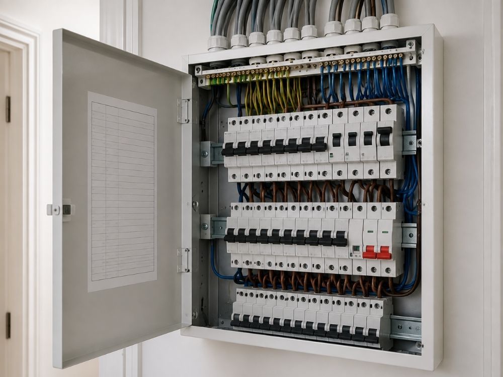 Modern consumer unit with RCBOs and neatly glanded cabling ready for an EV circuit