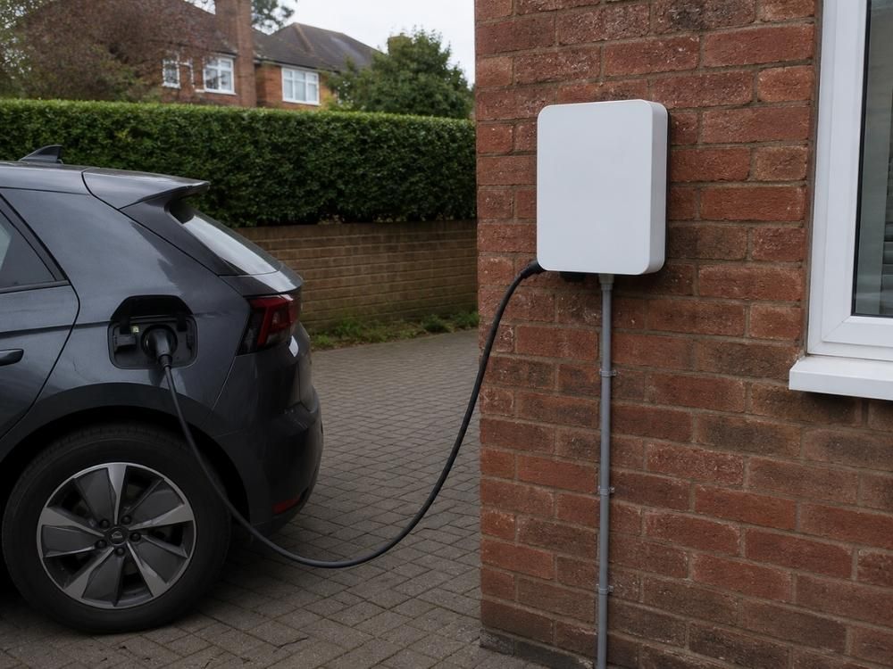 Wall-mounted EV charger installed on a brick house wall with a car charging on the driveway