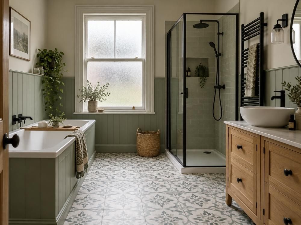 Family bathroom with bath, separate corner shower, panelled walls and patterned floor tiles