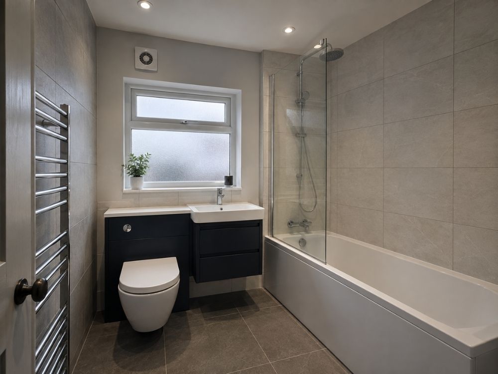 Family bathroom with bath, shower screen, porcelain tiling and navy vanity unit