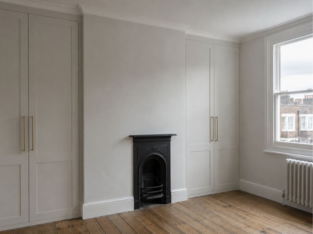 Made-to-measure fitted wardrobes built into bedroom alcoves either side of a chimney breast