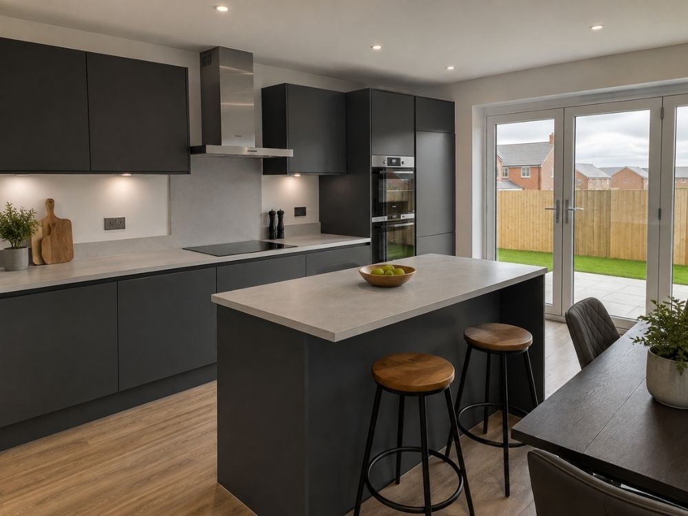 Handleless anthracite kitchen with island and breakfast overhang in a new-build home