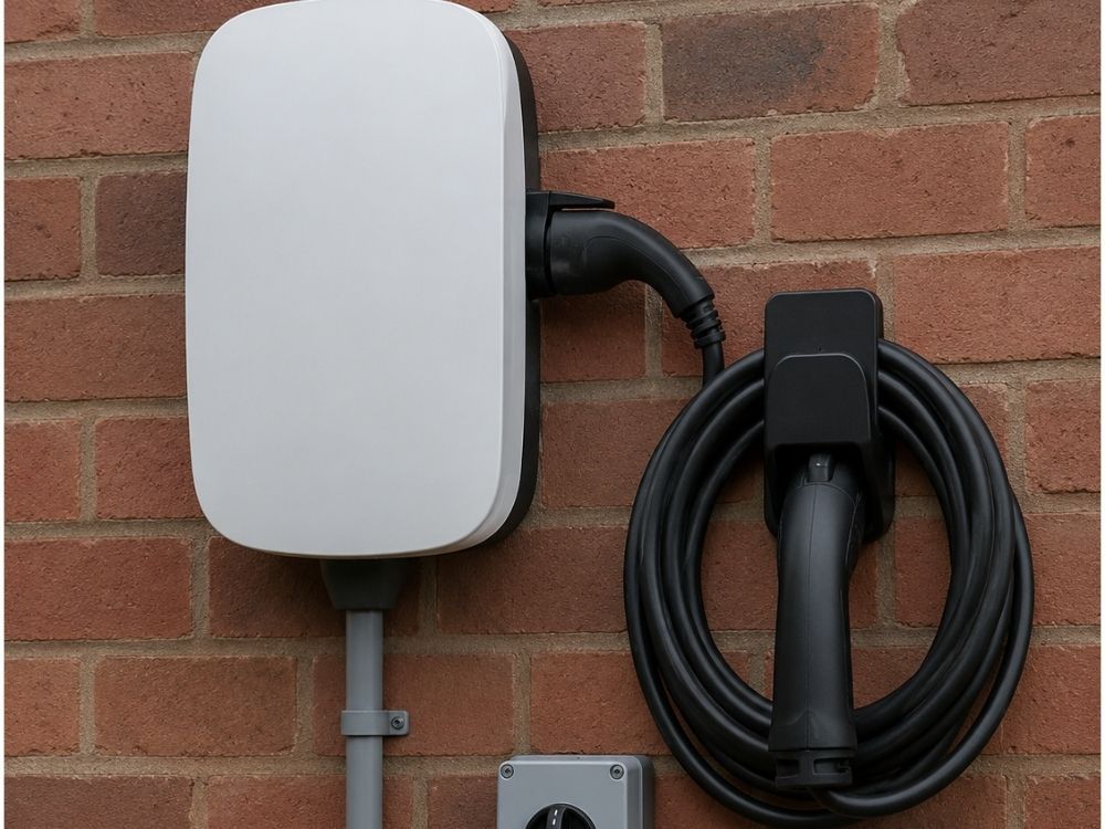 Wall-mounted EV charger with tethered cable and neatly clipped conduit run