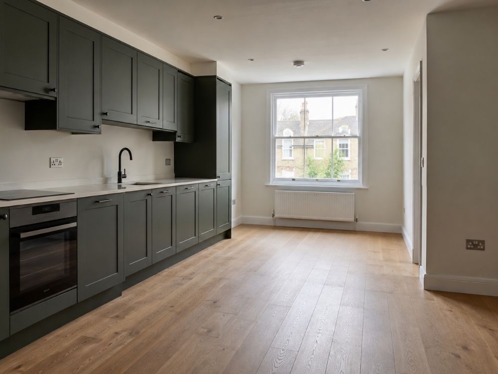 Renovated open-plan kitchen and living space with shaker units and oak flooring