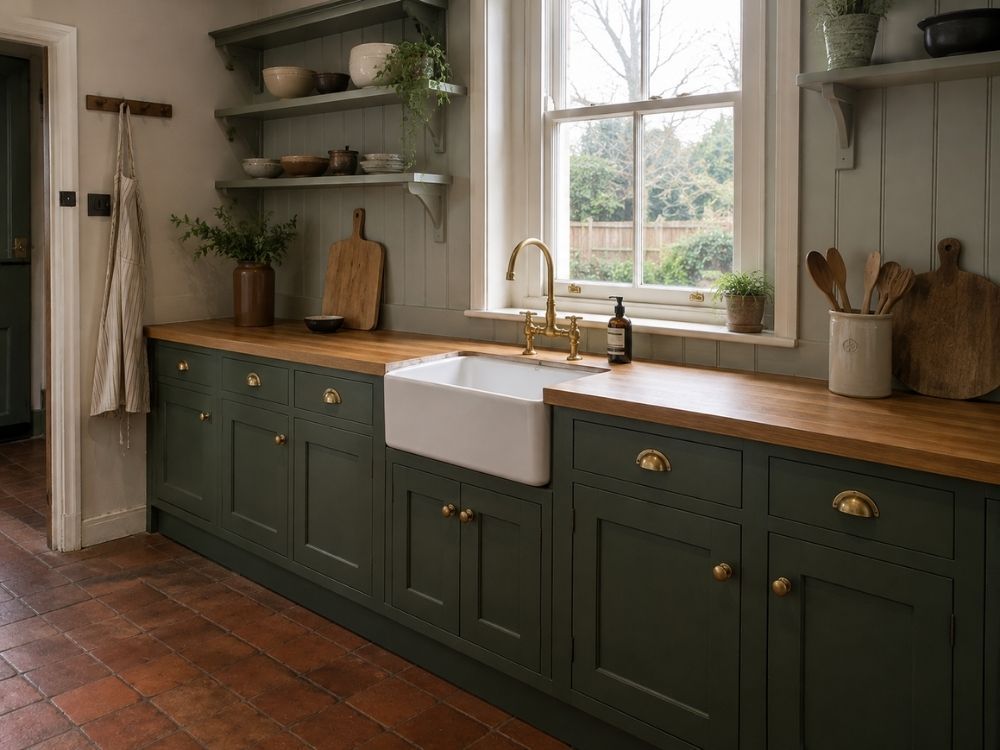 Painted in-frame kitchen in olive green with solid oak worktop and butler sink