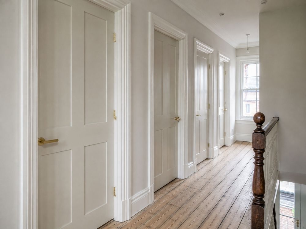 Panelled internal doors hung along a Victorian landing with deep original architrave