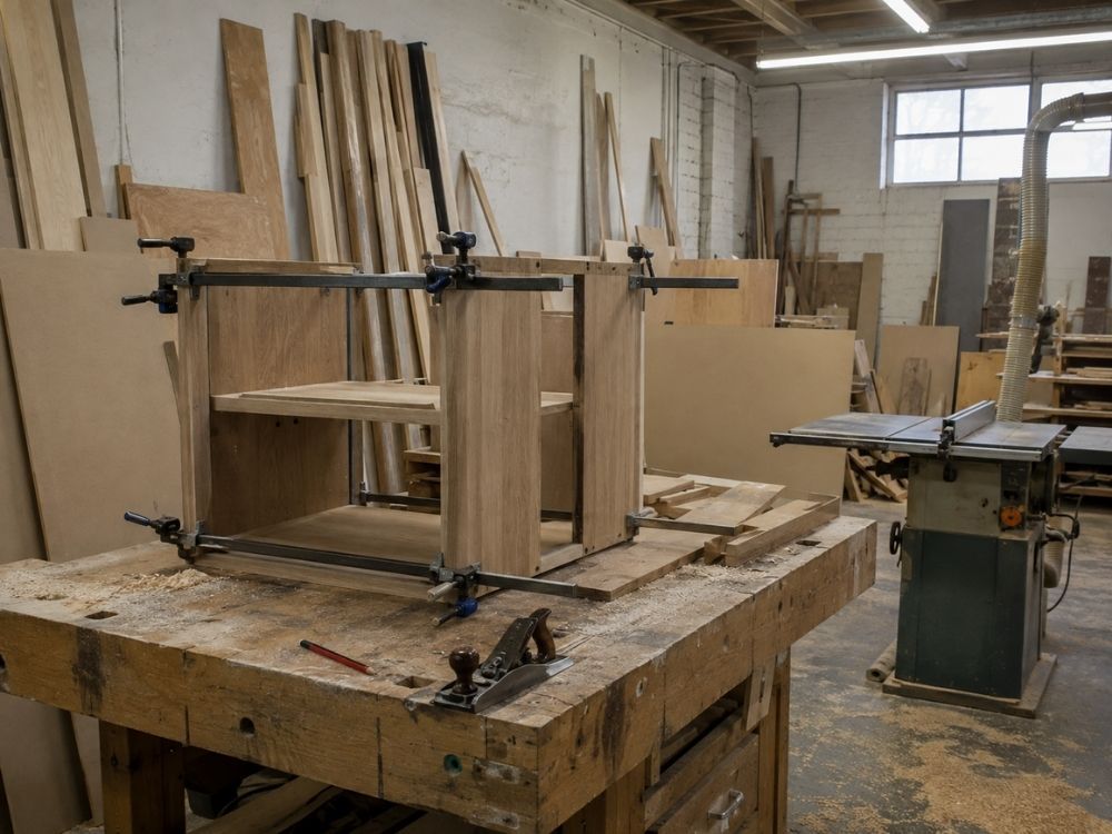 Joinery workshop bench with a cabinet carcass clamped up, hand tools and offcuts