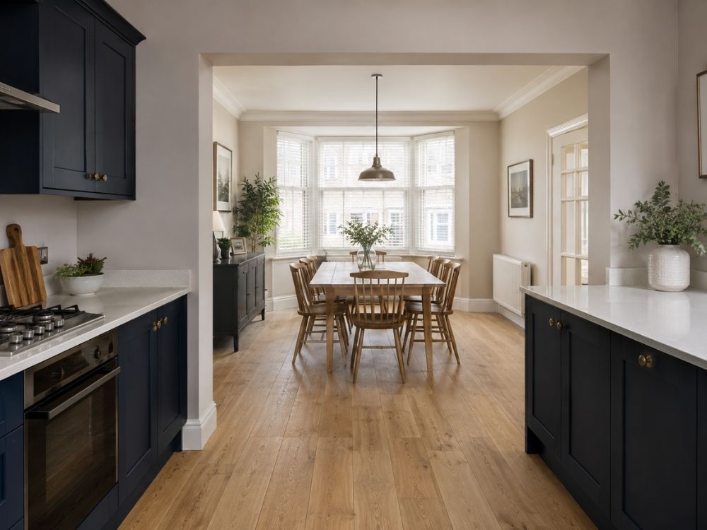 Kitchen diner in a 1930s semi with a structural opening between kitchen and dining room