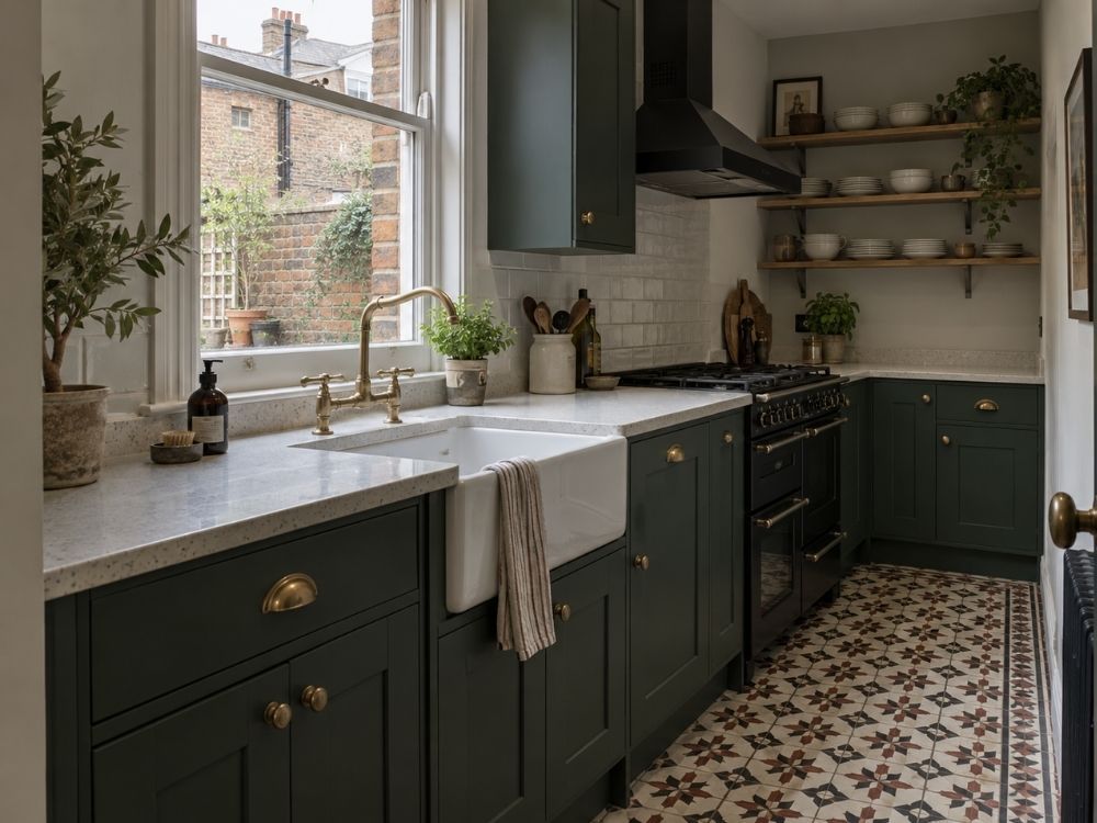 Dark green shaker kitchen with quartz worktop and brass tap in a Victorian terraced house