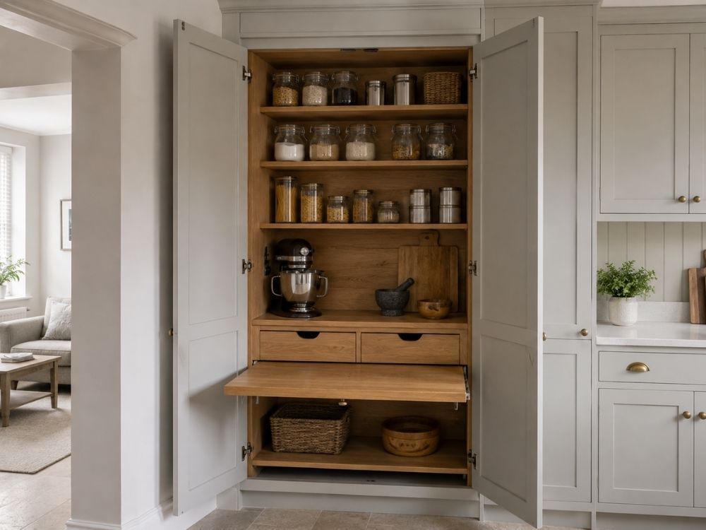 Bespoke full-height kitchen larder with oak-lined interior, drawers and pull-out surface