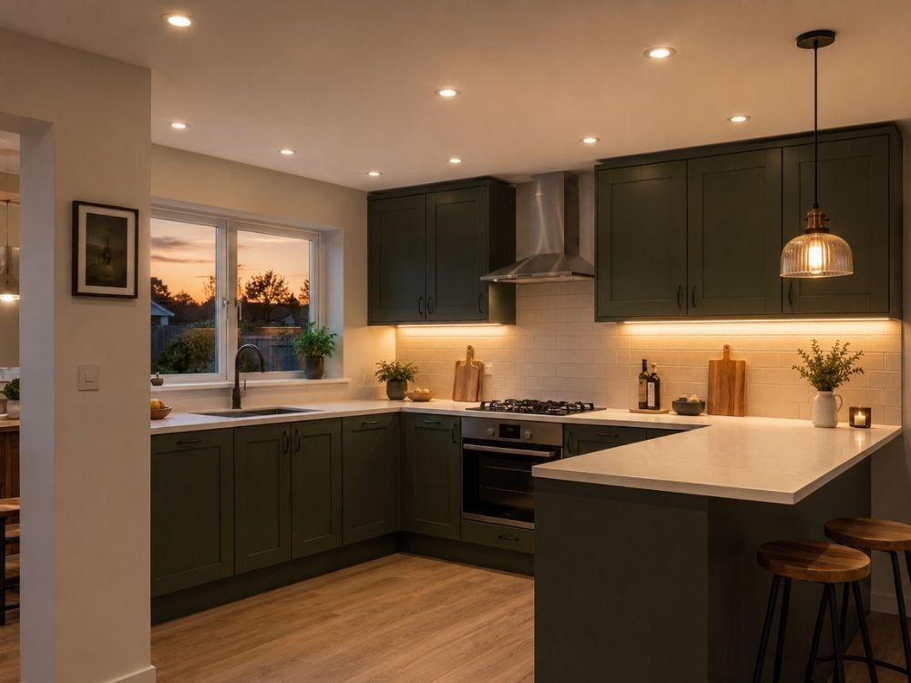 Kitchen lighting with recessed downlights, under-cabinet LED strip and a pendant over a breakfast bar