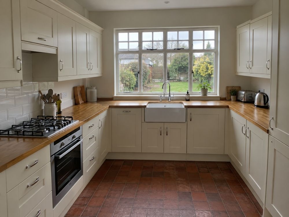 Cream shaker kitchen with oak worktop and ceramic sink in a 1930s semi-detached house