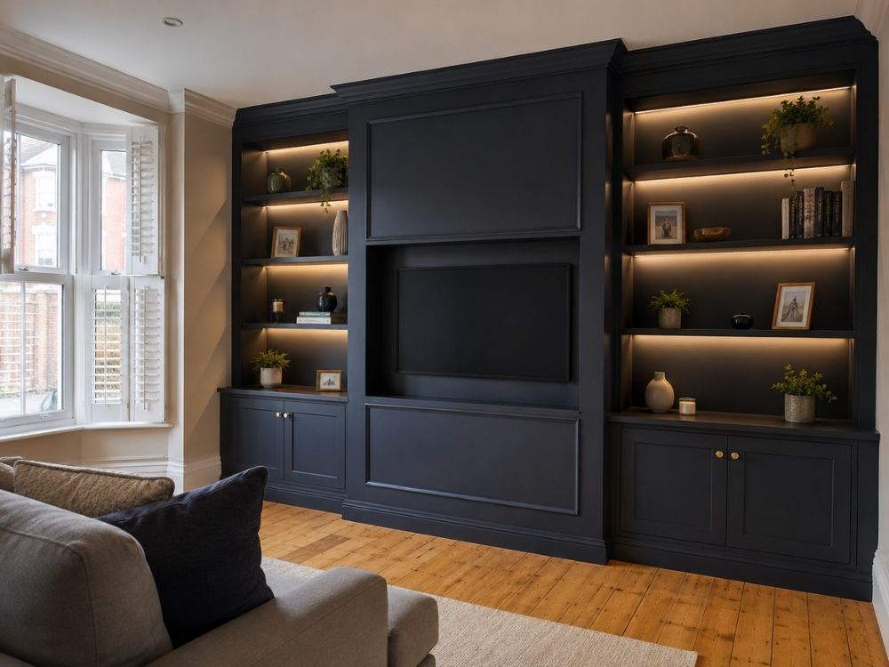 Bespoke media wall with recessed TV opening and fitted alcove units either side of a chimney breast