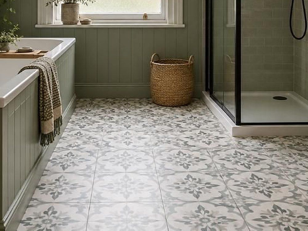 Patterned grey and white floor tiles running from the bath to the shower enclosure