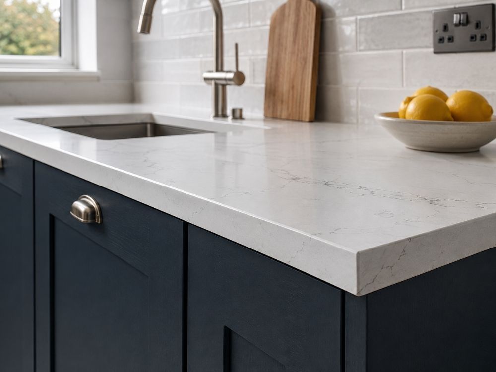White quartz kitchen worktop with mitred edge over navy shaker cabinets