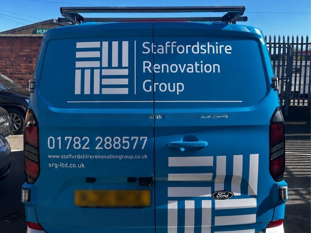 Rear of the Staffordshire Renovation Group van showing contact details and website address