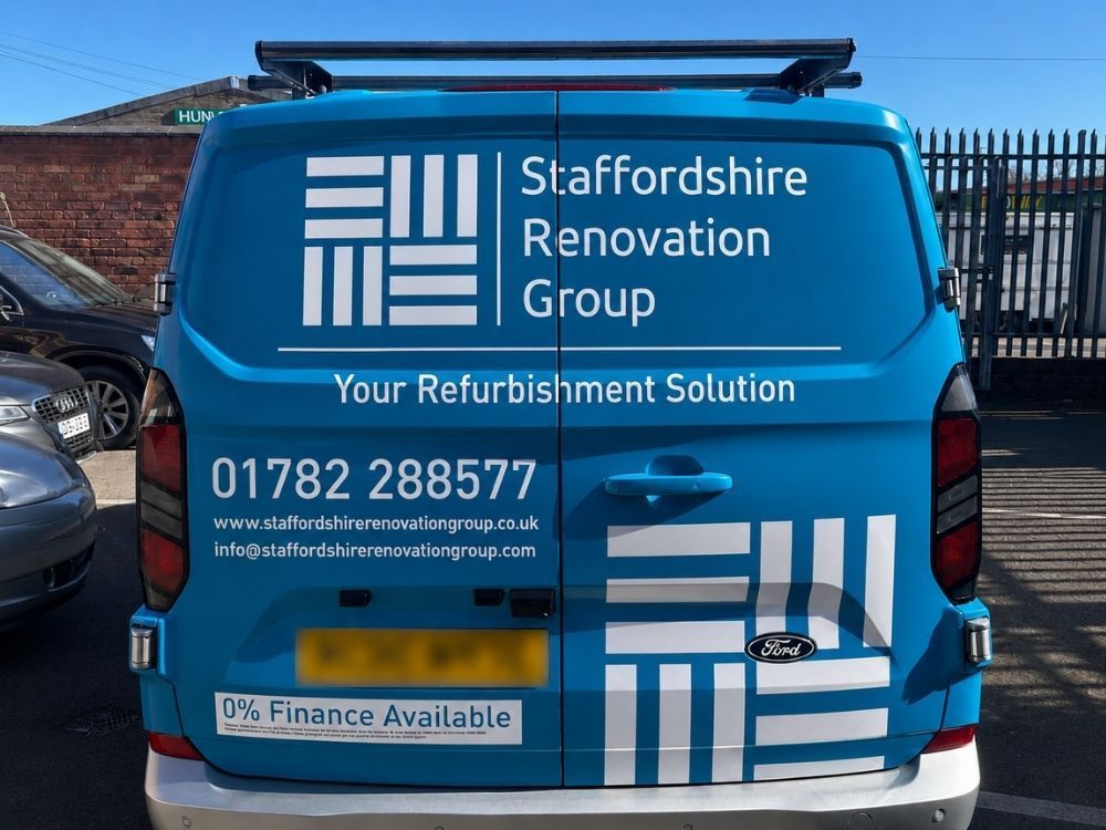 Rear of the Staffordshire Renovation Group van showing contact details and website address