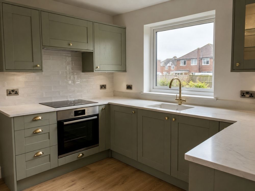 Sage green shaker kitchen with quartz worktops and brushed brass handles