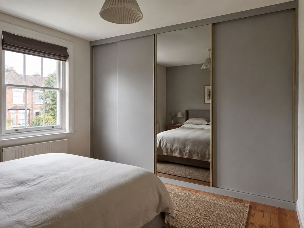 Floor-to-ceiling sliding door fitted wardrobes with one mirrored panel in a bedroom