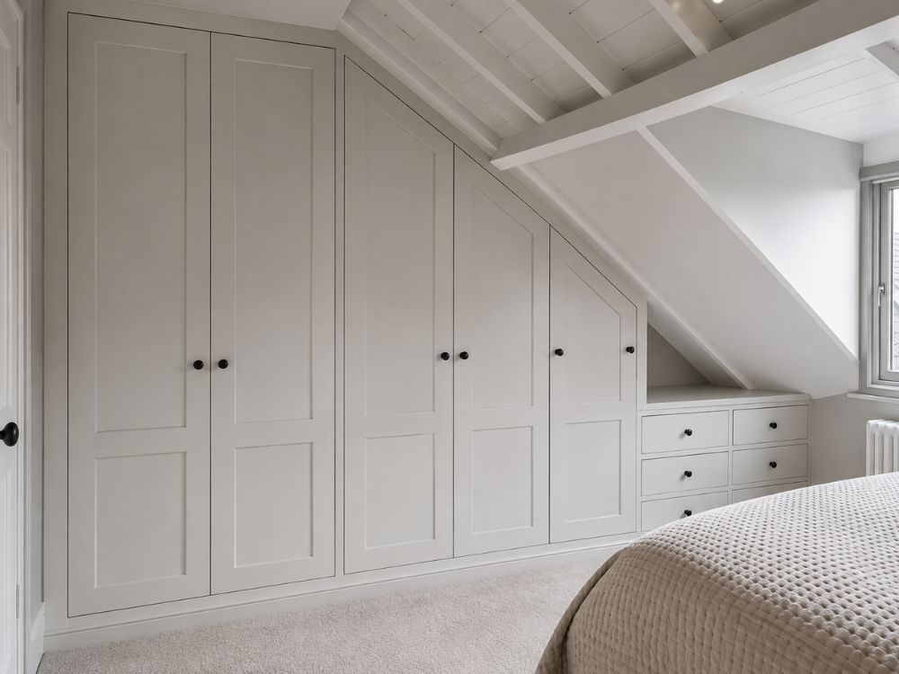 Fitted wardrobes cut to follow a sloping attic ceiling with drawers beneath the low section