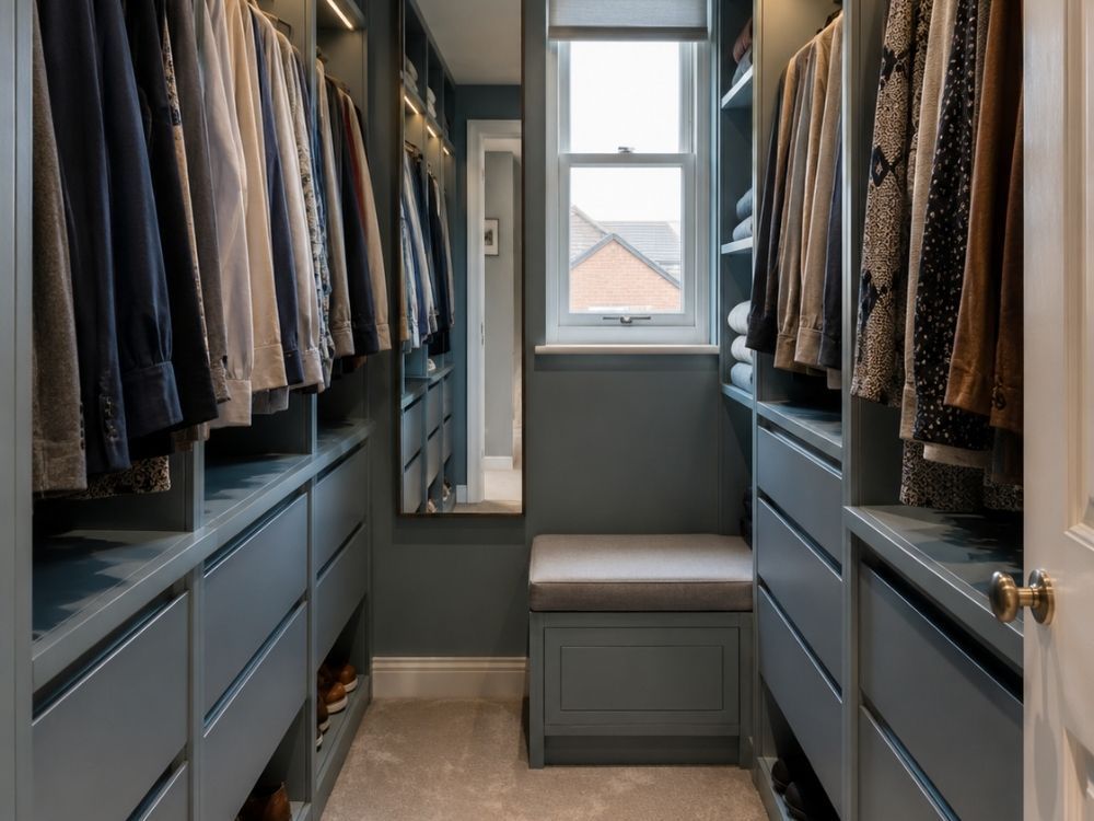 Small box room converted into a walk-in wardrobe with open units on both walls