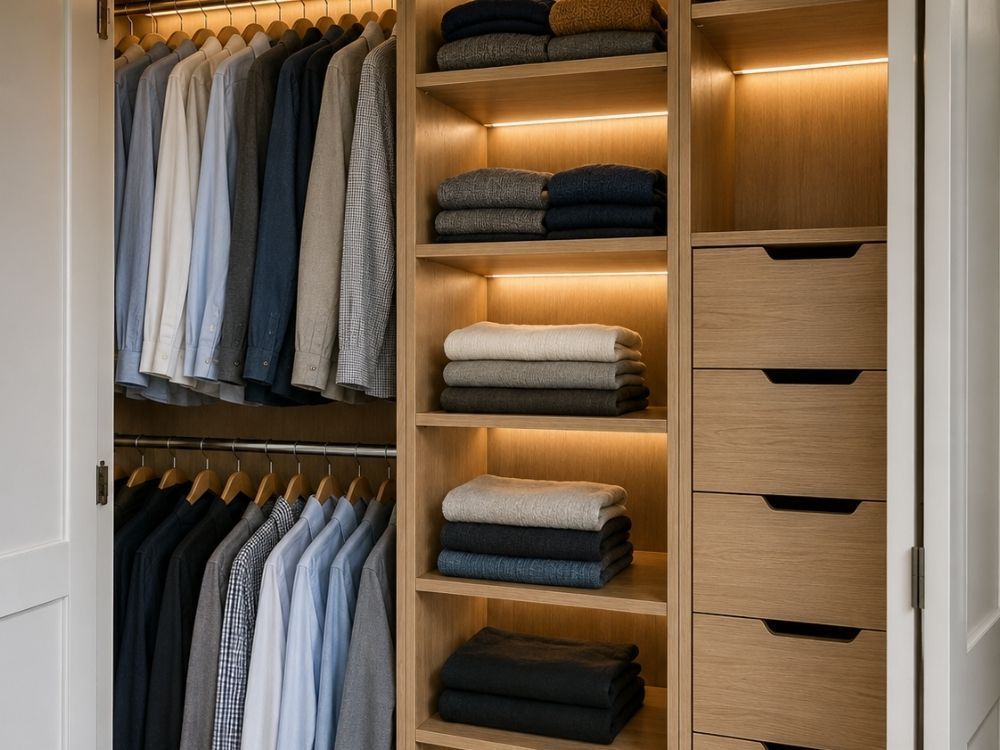 Fitted wardrobe interior with double hanging rail, open shelving, drawers and LED lighting