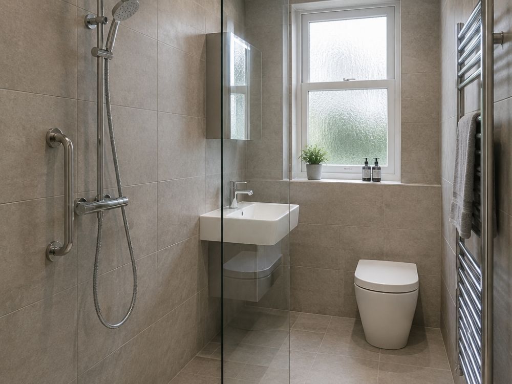 Level-access wet room with linear drain, glass screen and wall-mounted grab rail