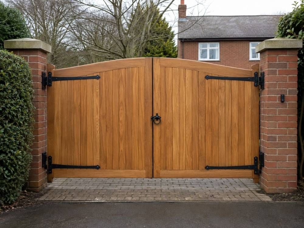 Pair of hardwood driveway gates with curved top rail hung between brick pillars