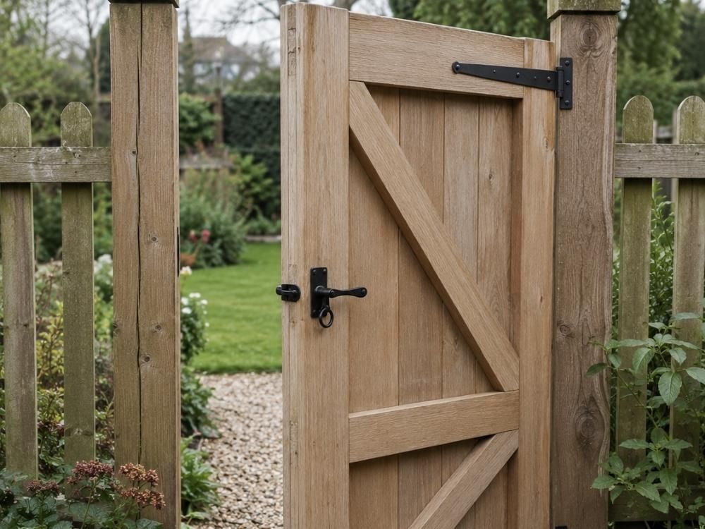 Framed ledged and braced oak garden gate hung between timber posts with a thumb latch