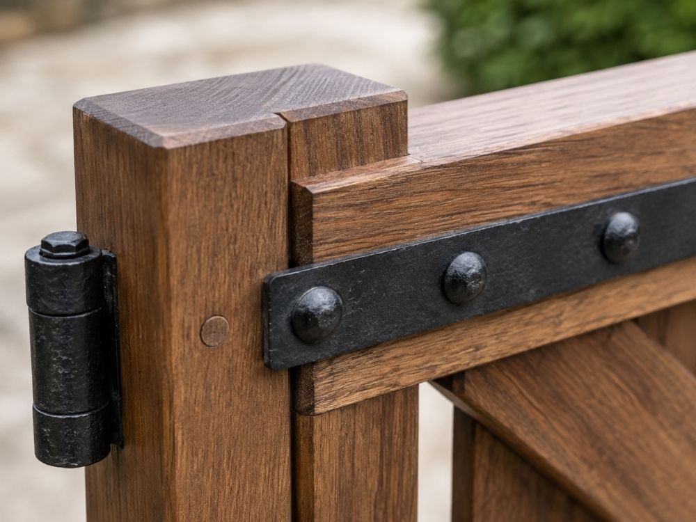 Mortise and tenon gate joint with timber peg and heavy black band hinge bolted through