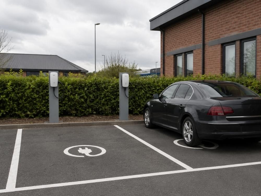 Two post-mounted EV charging points in marked bays at a small business car park