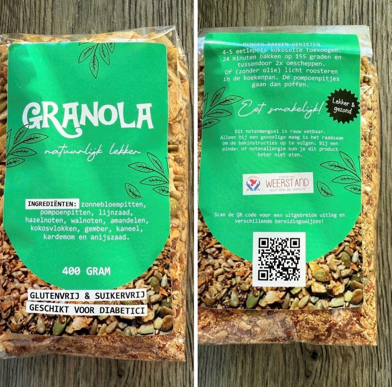Verpakking zak Granola met daarop de ingrediënten zoals zaden, noten. Er staat ook op vermeld dat het gluten- en suikervrij is.