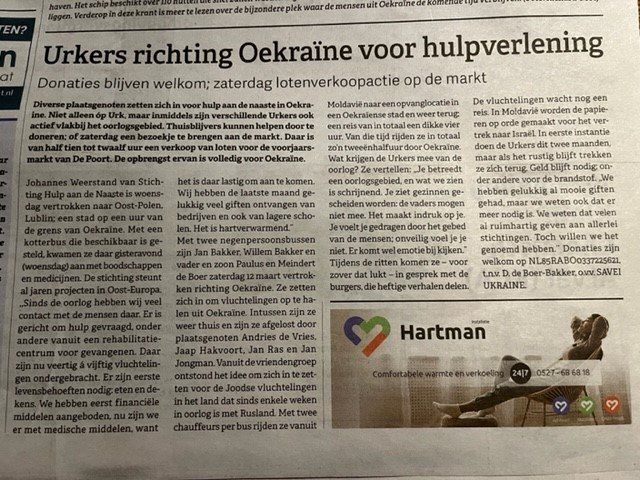 Krantenartikel over Urkers die Oekraïne helpen in