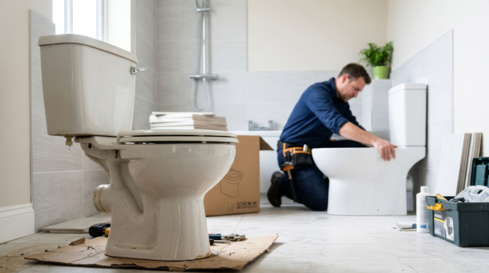 A plumber kneeling beside tools installs a new toilet during plumbing installation services nearby.]