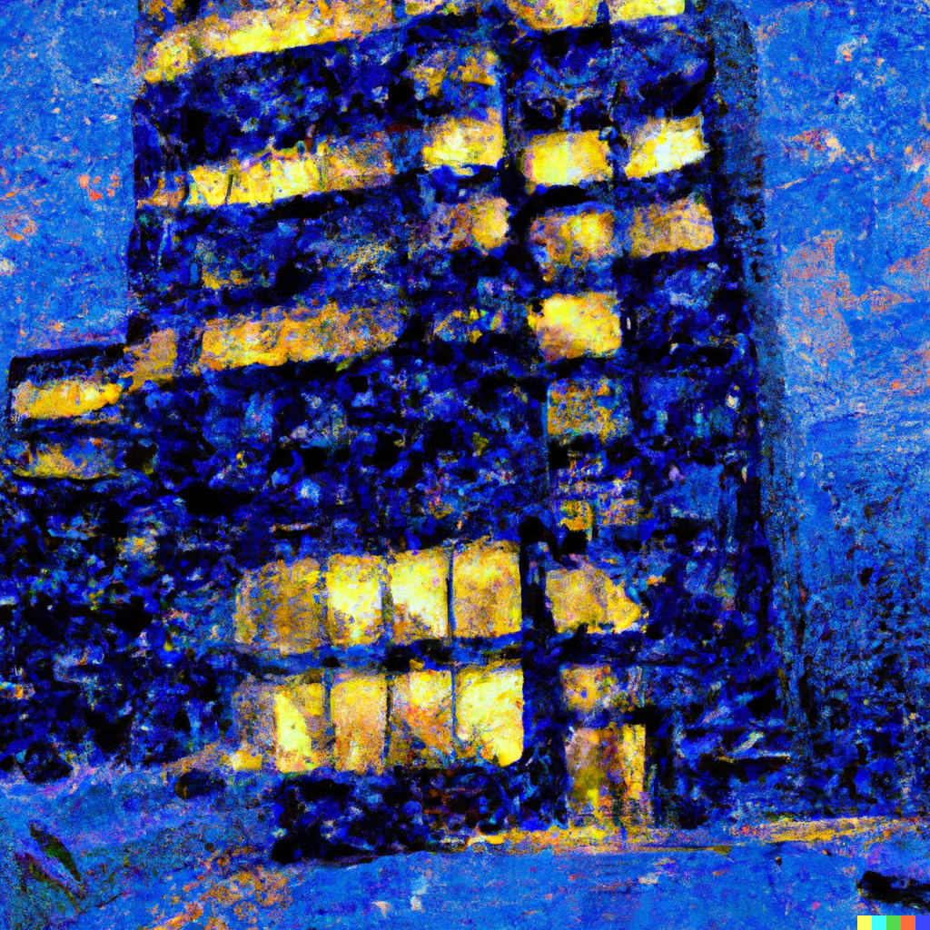 Abstract blue and yellow building at night. Illuminated windows glow.