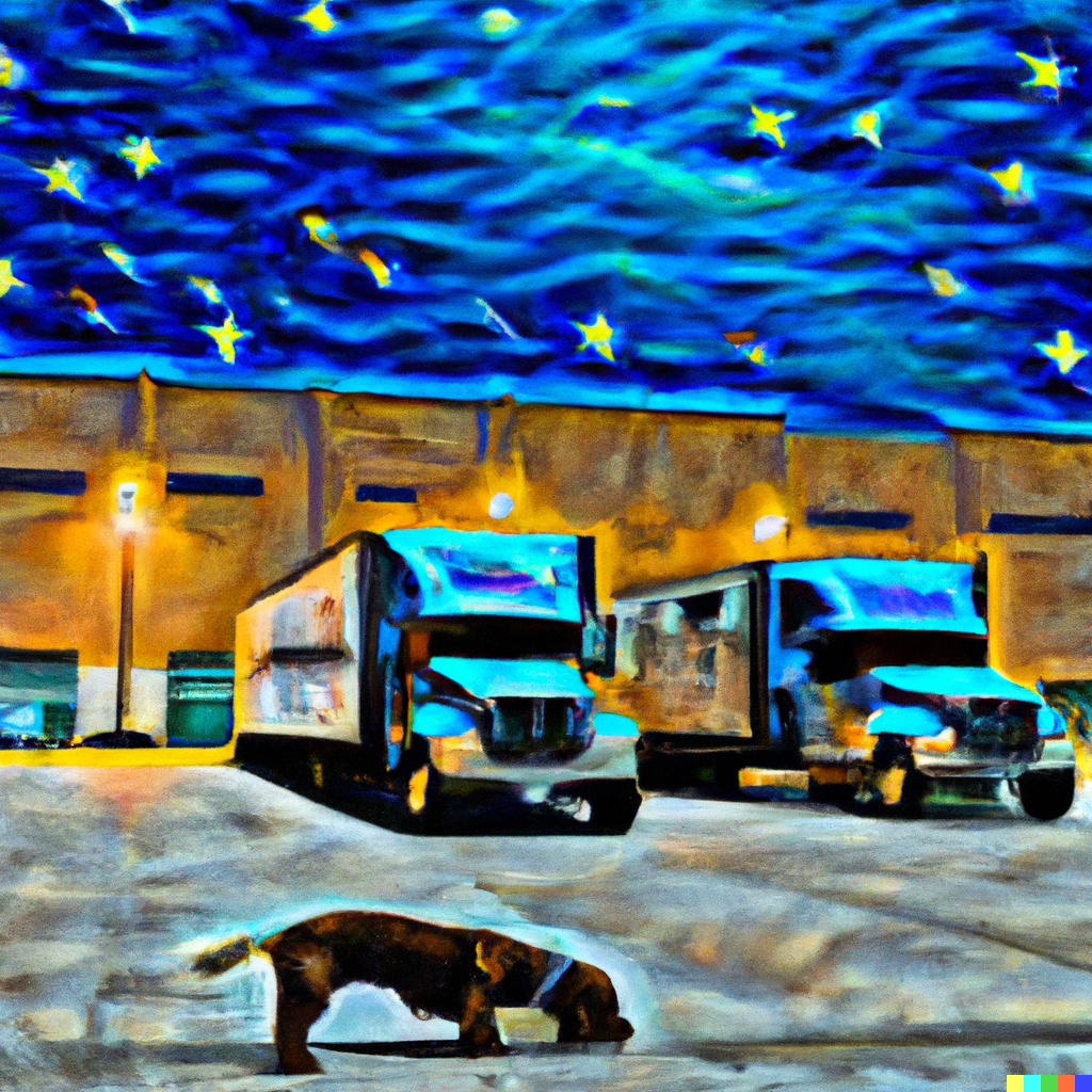 Two blue semi-trucks parked by a warehouse under a starry night. A dog sniffs the ground.