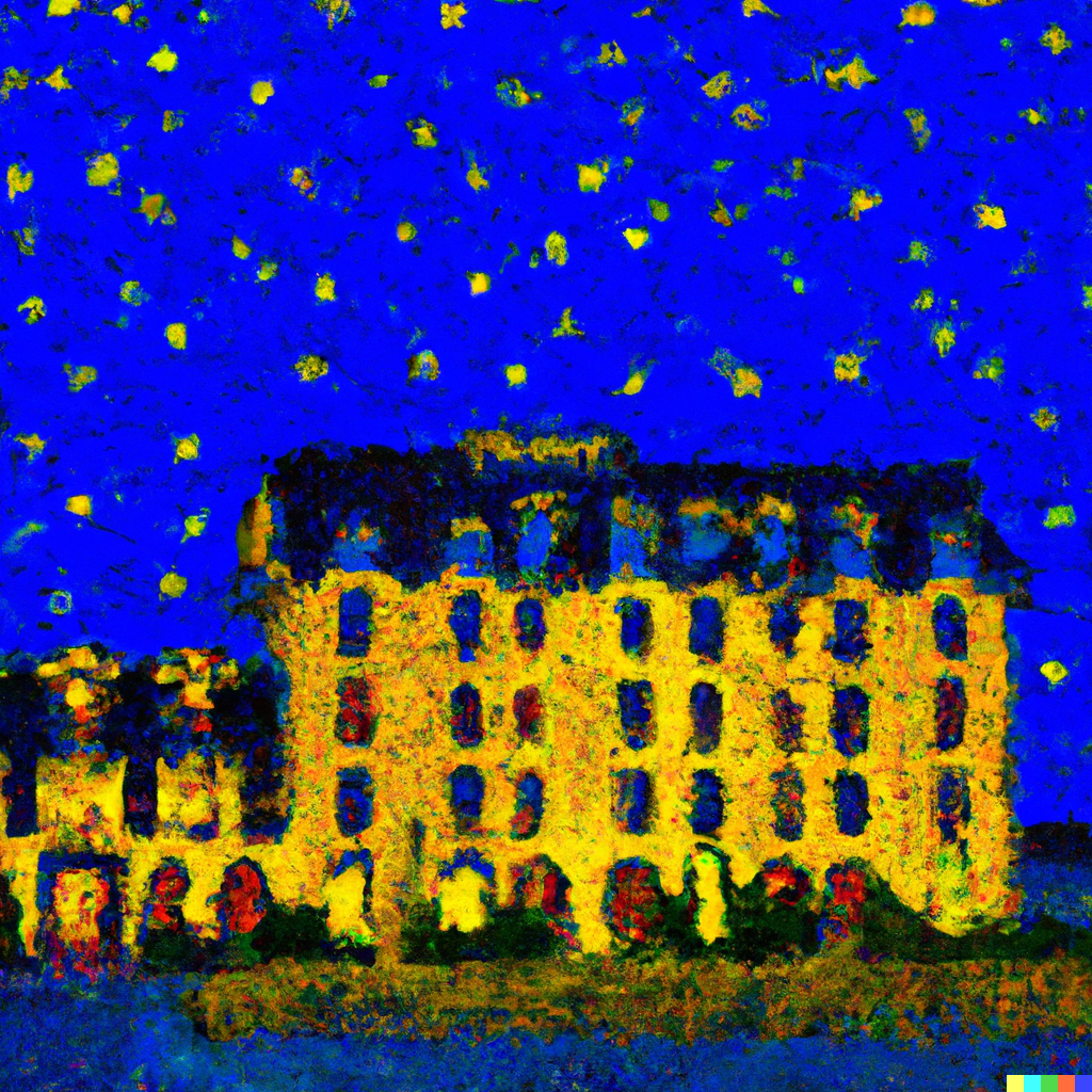 Building with yellow facade and blue night sky with yellow stars.