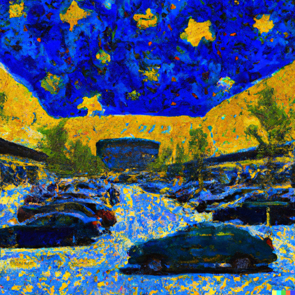 Starry night over a parking lot, blue and yellow brushstrokes. Cars and trees under a swirling sky.