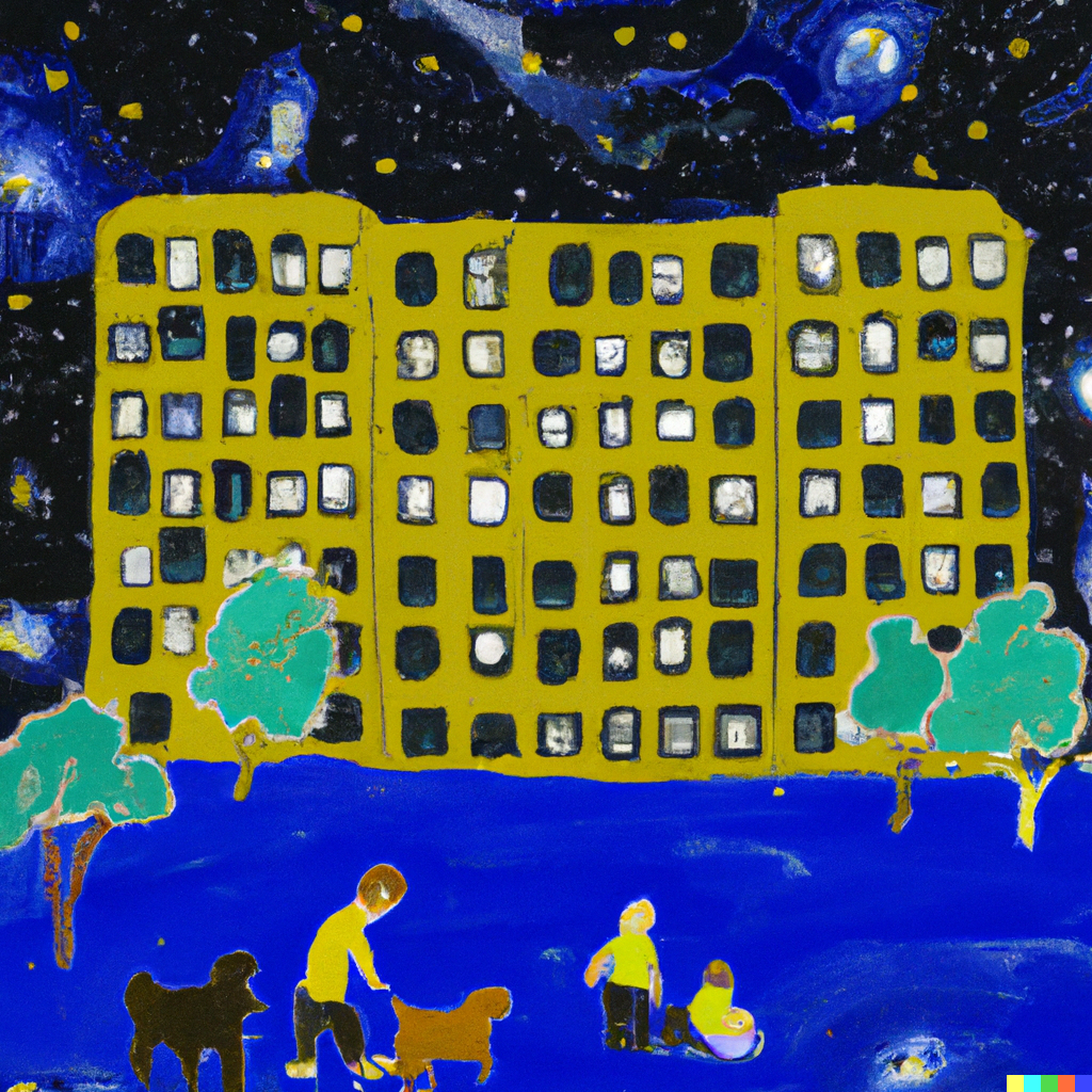 Yellow building with lit windows, people with dogs on blue ground, night sky with stars.