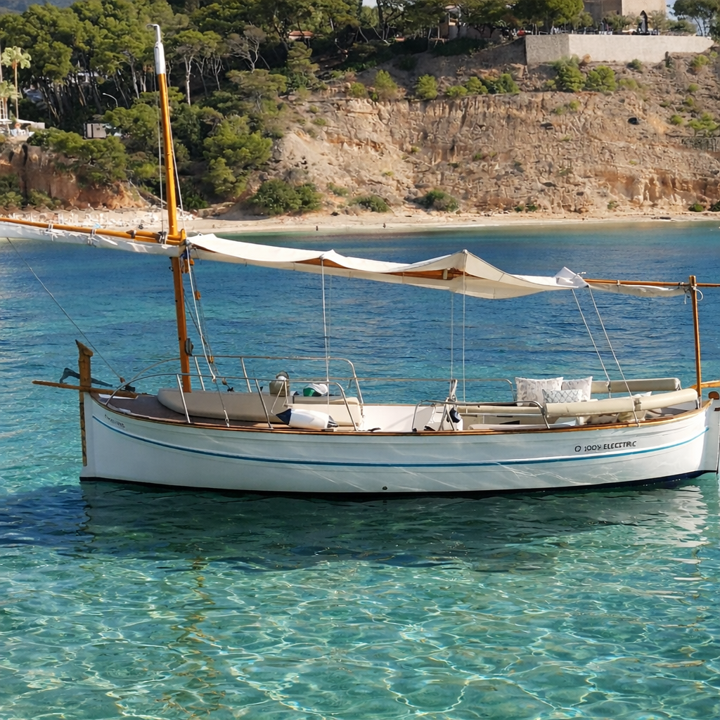 Velero en aguas turquesas cerca de una playa, con un toldo color canela. Al fondo se ve un acantilado.
