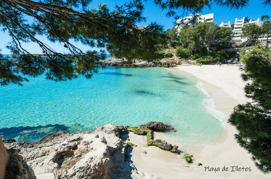 Vista de la playa Illetes en Mallorca desde el mar, ideal para un tour en llaut o paseo en barco