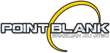 Logo for Point Blank Brazilian Jiu Jitsu, with yellow arc design through the words.