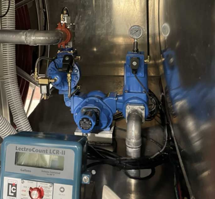 An industrial LectroCount LCR-II electronic register and liquid flow control assembly inside a metal housing.