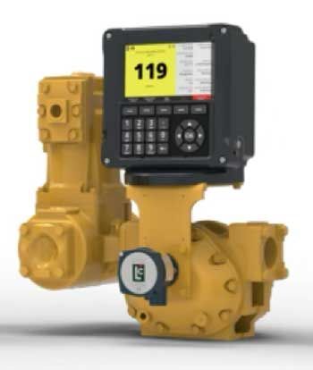 Industrial flow meter with a digital display screen showing