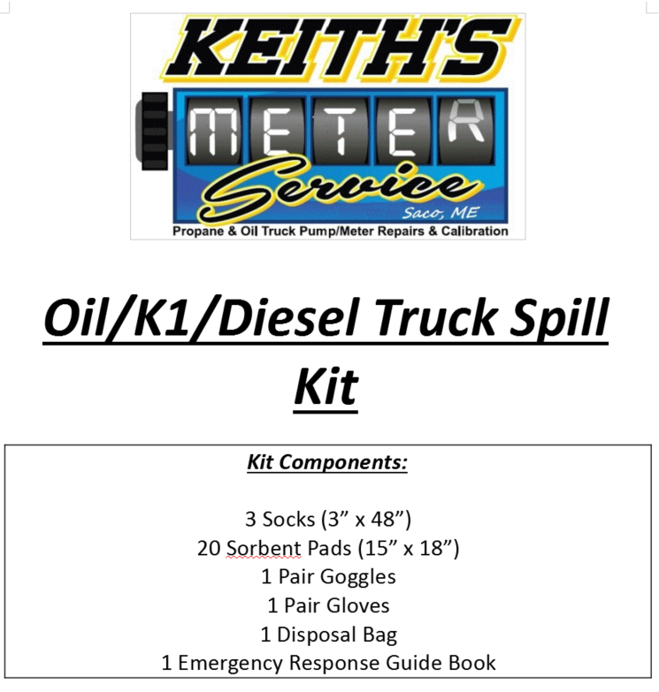 Keith's Meter Service Oil/K1/Diesel Truck Spill Kit list containing socks, sorbent pads, safety gear, and a guide book.