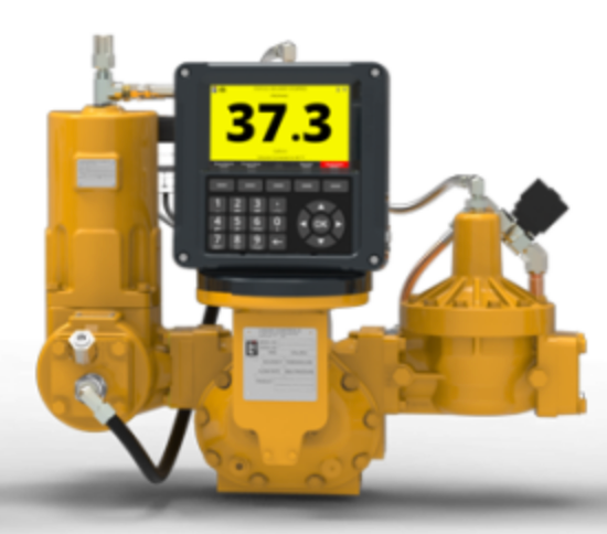 Industrial gas flow meter with a digital display showing