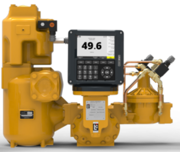 A Liquid Controls flow meter system featuring a yellow mechanical meter, a digital display showing 49.6, and a valve.