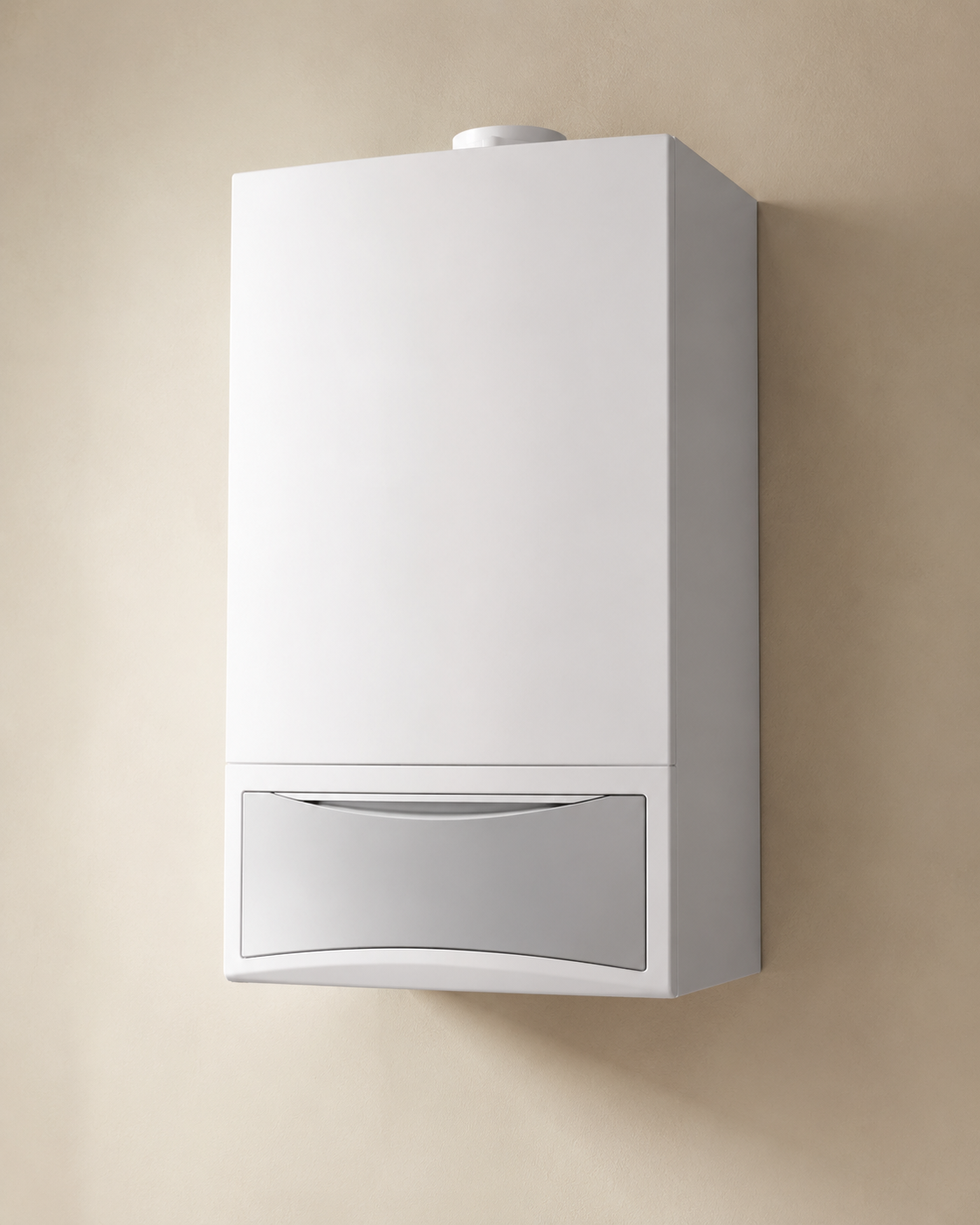 Apparecchio a parete bianco con pannello frontale grigio su una parete beige.